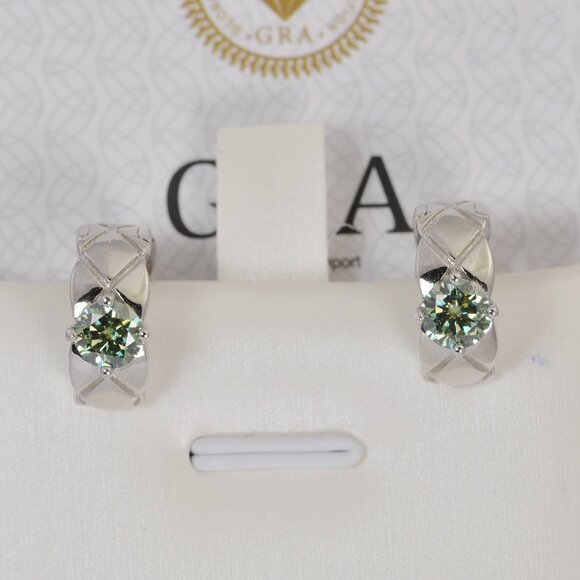 Certified 1ct Blue Green Moissanite Hoop Earrings 925 Sterling - Picture 5 of 8